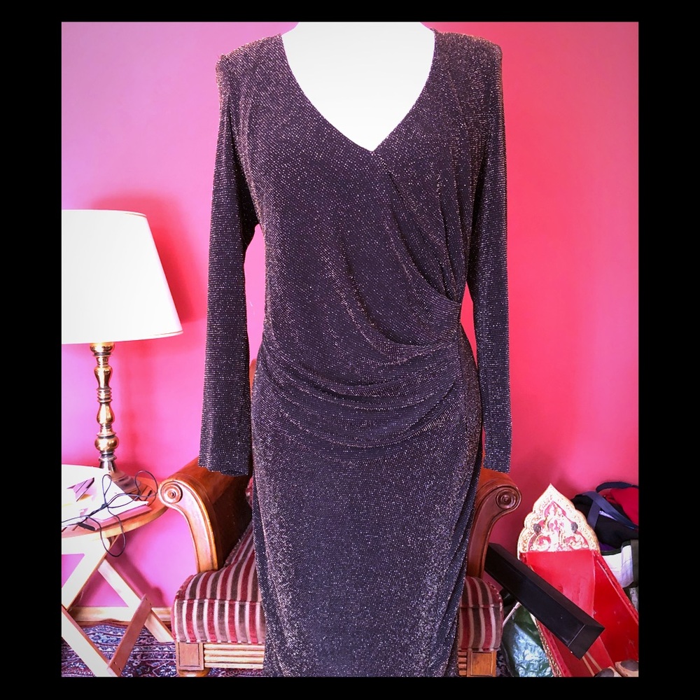 ABS Black and Gold Metallic Plunge Bodycon Dress